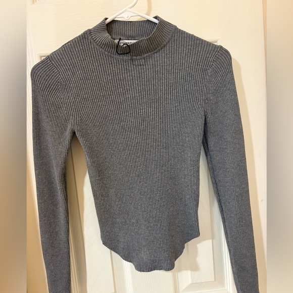 stradivarius Tops - Stradivarius Charcoal Ribbed Long Sleeve Top